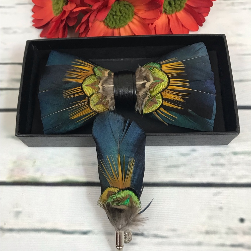 Handmade Blue and Emerald Green Feather Bow Tie Boutonnière Lapel Pin Set - Picture 2 of 12